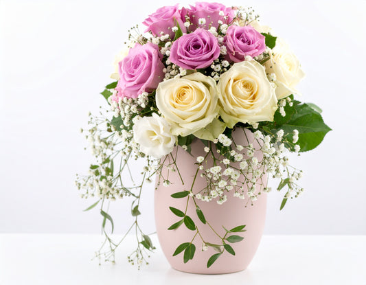 PURPLE & WHITE ROSES WEDDING ARRANGEMENT