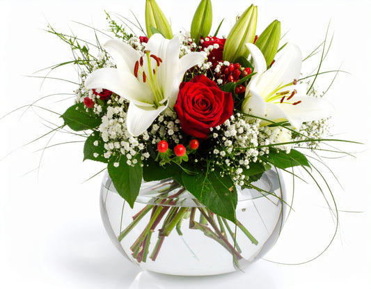 RED ROSES & WHITE LILIUM WEDDING ARRANGEMENT
